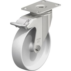 Caster - 5" (127 mm), 265 lbs. (120 kg.), Nylon, Swivel with Brake, Stainless Steel, 1-1/4" (31.75 mm), 1-3/4" x 2-13/16" (44 mm x 71 mm) - 1-3/4" x 3-1/16" (44 mm 78 mm), 5/16" (7.93 mm), 2-1/2" x 3-5/8" (64 mm x 92 mm)