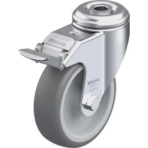 High-Quality Thermoplastic Elastomer Caster - 4" (102 mm), 240 lbs. (108 kg.), Thermoplastic Rubber-Elastomer, Swivel with Brake, Steel, 1-1/4" (31.8 mm), Bolt Hole Fitting, 1/2" (13 mm), 0" (0 mm), 85° Shore A