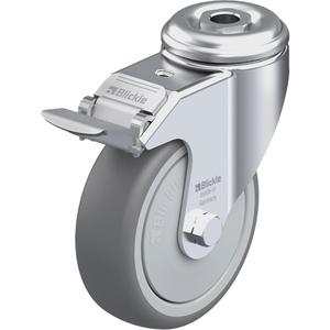 High-Quality Thermoplastic Elastomer Caster - 4" (102 mm), 240 lbs. (108 kg.), Thermoplastic Rubber-Elastomer, Swivel with Brake, Steel, 1-1/4" (31.8 mm), Bolt Hole Fitting, 1/2" (13 mm), 0" (0 mm), 85° Shore A