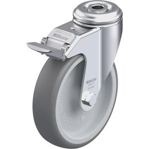 High-Quality Thermoplastic Elastomer Caster - 5" (127 mm), 265 lbs. (120 kg.), Thermoplastic Rubber-Elastomer, Swivel with Brake, Steel, 1-1/4" (31.8 mm), Bolt Hole Fitting, 1/2" (13 mm), 0" (0 mm), 85° Shore A