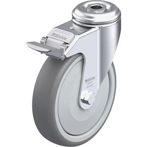 High-Quality Thermoplastic Elastomer Caster - 5" (127 mm), 265 lbs. (120 kg.), Thermoplastic Rubber-Elastomer, Swivel with Brake, Steel, 1-1/4" (31.8 mm), Bolt Hole Fitting, 1/2" (13 mm), 0" (0 mm), 85° Shore A