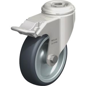 Stainless Steel Thermoplastic Elastomer Caster - 4" (102 mm), 240 lbs. (108 kg.), Thermoplastic Rubber-Elastomer, Swivel with Brake, Stainless Steel, 1-1/4" (31.8 mm), Bolt Hole Fitting, 1/2" (13 mm), 0" (0 mm)