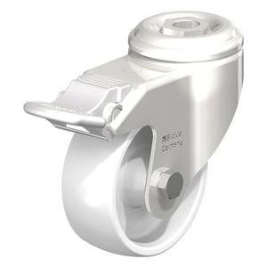 Stainless Steel Nylon Caster - 3-1/8" (79.5 mm), 265 lbs. (120 kg.), Nylon, Swivel with Brake, Stainless Steel, 1-1/4" (31.8 mm), Bolt Hole Fitting, 1/2" (13 mm), 0" (0 mm), 70° Shore D, Plain Bore