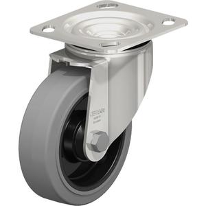 Caster - 5" (127 mm), 330 lbs. (150 kg.), Rubber, Swivel, Stainless Steel, 1-9/16" (40 mm), 2-5/8" x 3-5/8" (67 mm x 92 mm) - 3" x 3" (76 mm x 76 mm), 3/8" (9.52 mm), 4" x 4-1/2" (102 mm x 114 mm), 65° Shore A