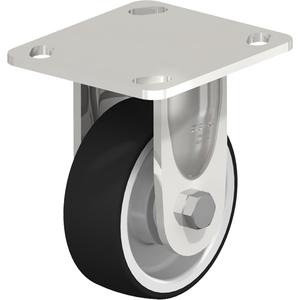 Caster - 4" (101.6 mm), 330 lbs. (150 kg.), Rubber, Rigid, Stainless Steel, 1-1/2" (38 mm), 2-5/8" x 3-5/8" (67 mm x 92 mm) - 3" x 3" (76 mm x 76 mm), 3/8" (9.52 mm), 4" x 4-1/2" (102 mm x 114 mm), 65° Shore A