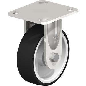 Caster - 5" (127 mm), 330 lbs. (150 kg.), Rubber, Rigid, Stainless Steel, 1-9/16" (40 mm), 2-5/8" x 3-5/8" (67 mm x 92 mm) - 3" x 3" (76 mm x 76 mm), 3/8" (9.52 mm), 4" x 4-1/2" (102 mm x 114 mm), 65° Shore A