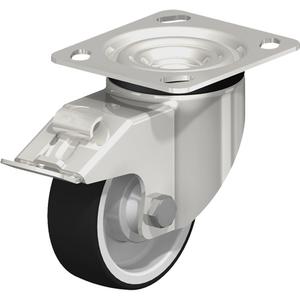 Caster - 4" (101.6 mm), 660 lbs. (300 kg.), Thermoplastic Polyurethane, Swivel with Brake, Stainless Steel, 1-3/8" (35 mm), 2-5/8" x 3-5/8" (67 mm x 92 mm) - 3" x 3" (76 mm x 76 mm), 3/8" (9.52 mm), 4" x 4-1/2" (102 mm x 114 mm)