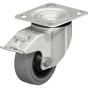 Caster - 4" (101.6 mm), 330 lbs. (150 kg.), Rubber, Swivel with Brake, Stainless Steel, 1-1/2" (38 mm), 2-5/8" x 3-5/8" (67 mm x 92 mm) - 3" x 3" (76 mm x 76 mm), 3/8" (9.52 mm), 4" x 4-1/2" (102 mm x 114 mm)