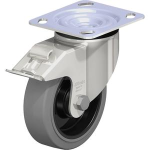 Caster - 5" (127 mm), 330 lbs. (150 kg.), Rubber, Swivel with Brake, Stainless Steel, 1-9/16" (40 mm), 2-5/8" x 3-5/8" (67 mm x 92 mm) - 3" x 3" (76 mm x 76 mm), 3/8" (9.52 mm), 4" x 4-1/2" (102 mm x 114 mm)
