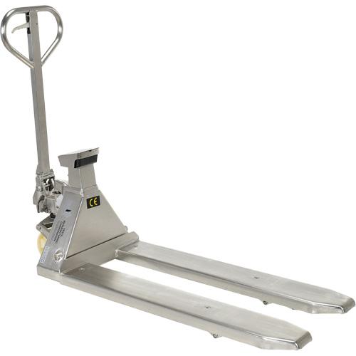 Scale Pallet Truck - 45.69", 21.875", 5000 lbs., Stainless Steel, 7-11/16", 8", 3.375", AA Alkaline