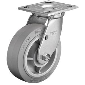 Plate Caster - 4" (101.6 mm), 225 lbs. (102 kg.), Rubber, Swivel, Steel, 1-5/16" (33 mm), 3" x 4" (76 mm x 102 mm), 3/8" (9.52 mm), 4" x 5-1/2" (102 mm x 140 mm), 3-3/16", 5" (127 mm)