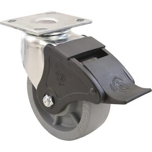 Emaxx™ Caster - 4" (101.6 mm), 1000 lbs. (453.6 kg.), Envirothane™, Swivel with Brake, Steel, 2" (50.8 mm), 2-5/8" - 3" (67 mm x 76 mm), 3/8" (9.52 mm), 3-27/32'' x  4-1/2'' (97.6 mm x 114.3 mm), Roller