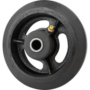 Mold-On Rubber Wheel - 5'' (127 mm), 400 lbs. (181 kg.), Roller, 1/2'', 1-1/2" (38 mm), Rubber on Cast Iron, 1 Year
