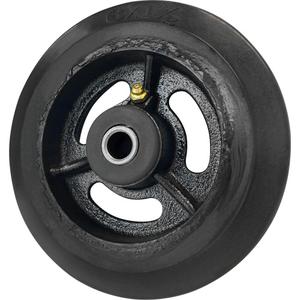 Mold-On Rubber Wheel - 6'' (152 mm), 450 lbs. (204 kg.), Roller, 1/2'', 1-1/2" (38 mm), Rubber on Cast Iron, 1 Year