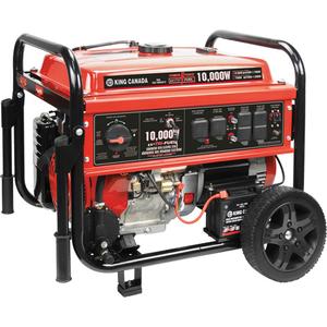 Tri-Fuel Generator with Electric Start - 25 L, 25-3/8", 28-1/2", 31-1/2", 10000 W, 7500 W, Propane tank and natural gas connection cables; 12V battery; Spark plug socket, 11 hrs / 17 hrs