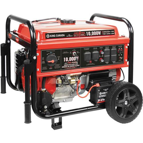 Tri-Fuel Generator with Electric Start - 25 L, 25-3/8", 28-1/2", 31-1/2", 10000 W, 7500 W, Propane tank and natural gas connection cables; 12V battery; Spark plug socket, 11 hrs / 17 hrs