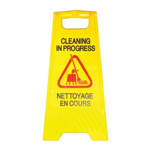 "Cleaning in Progress/Nettoyage en Cours" Safety Sign - 24", Bilingual with Pictogram, Plastic, Upright, Cleaning in Progress - Nettoyage en Cours, 12"
