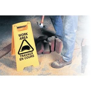 "Work Area/Travaux en Cours" Safety Sign - 24", Bilingual with Pictogram, Plastic, Upright, Work Area - Travaux en Cours, 12"