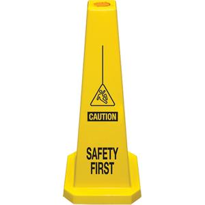 "Safety First" Lamba Traffic Cones - 36", English with Pictogram, Plastic, Upright, Safety First, Yellow, 12"