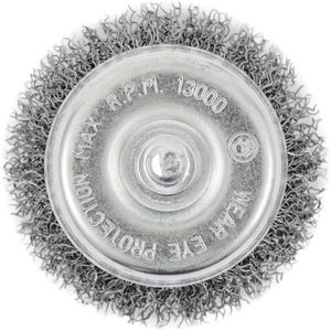 Shaft Mounted Crimped Cup Brush - 2-1/2", 0.012", Steel, 1/4", 13000 RPM
