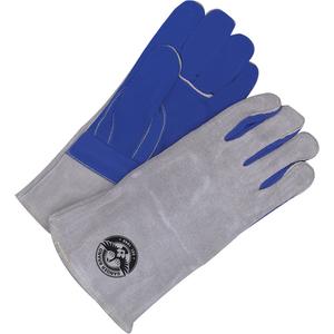 Welder Gloves with Gauntlet Cuff - One Size, Fleece, Split Cowhide, Grey & Blue