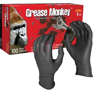 Grease Monkey® Disposable Gloves - Large, Medium, 2X-Large, Nitrile, 9.5", 5-mil, Untextured, Black, Powder-Free, Accepted for use in Canadian Food Processing Facilities, Non-Medical, Rolled