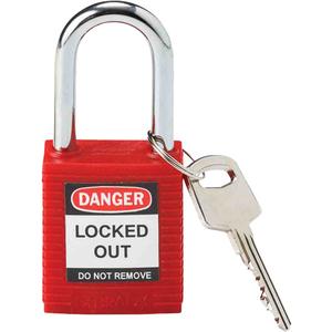 Lockout Padlock - Safety Padlock, 1-1/2", 1/4", 1-1/2", 4/5", Nylon, Steel, Red, Keyed Different