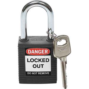 Lockout Padlock - Safety Padlock, 1-1/2", 1/4", 1-1/2", 4/5", Nylon, Steel, Black, Keyed Different