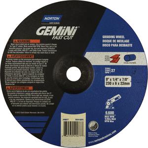 Gemini® Depressed Centre Grinding Wheels - 9", 1/4", 7/8", 6600, 27, FOR METAL & STEEL GRINDING