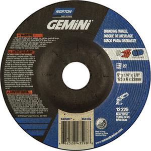 Gemini® Depressed Centre Grinding Wheels - 5", 1/4", 7/8", 12225, 27, Aluminum Oxide, FOR METAL & STEEL GRINDING