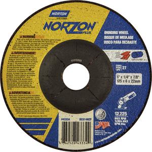 Norzon Plus® Depressed Centre Grinding Wheels - 5", 1/4", 7/8", 12225, 27, Zirconium/Ceramic, FOR STEEL GRINDING