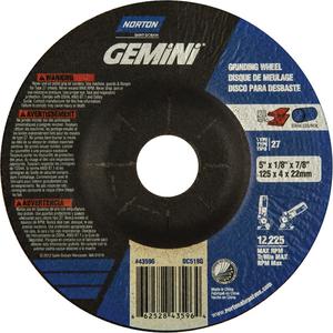 Gemini® Depressed Centre Grinding Wheels - 5", 1/8", 7/8", 12225, 27, Aluminum Oxide, FOR STEEL CUTTING, NOTCHING & LIGHT GRINDING