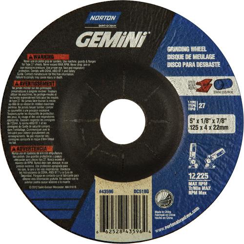 Gemini® Depressed Centre Grinding Wheels - 5", 1/8", 7/8", 12225, 27, Aluminum Oxide, FOR STEEL CUTTING, NOTCHING & LIGHT GRINDING