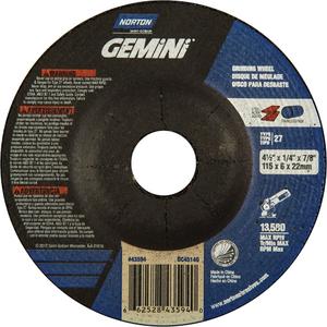 Gemini® Depressed Centre Grinding Wheels - 4-1/2", 1/4", 7/8", 13580, 27, Aluminum Oxide, FOR METAL & STEEL GRINDING