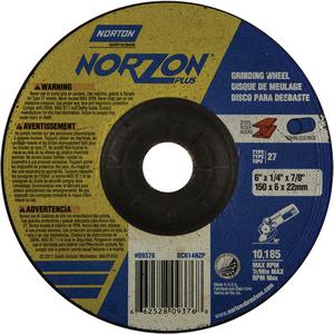 Norzon Plus® Depressed Centre Grinding Wheels - 6", 1/4", 7/8", 10185, 27, Zirconium/Ceramic, FOR STEEL GRINDING