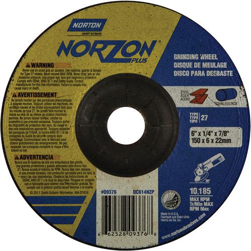 Norzon Plus® Depressed Centre Grinding Wheels - 6", 1/4", 7/8", 10185, 27, Zirconium/Ceramic, FOR STEEL GRINDING