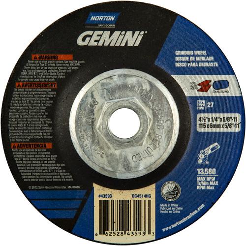 Gemini® Grinding Wheel - 4-1/2", 1/4", 5/8"-11, 13580, 27, Aluminum Oxide, Wheel, 10