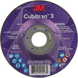 Cubitron™ 3 Depressed Centre Grinding Wheel - 4-1/2", 5", 6", 7", 9", 1/4", 7/8", 13300, T27, Ceramic, Centre Hole, Resin, 36+, 1095 Days