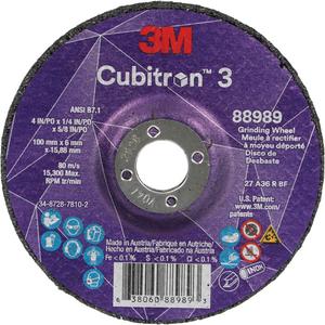 Cubitron™ 3 Depressed Centre Grinding Wheel - 4", 1/4", 5/8", 15300, T27, Ceramic, Centre Hole, Resin, 36+, 1095 Days