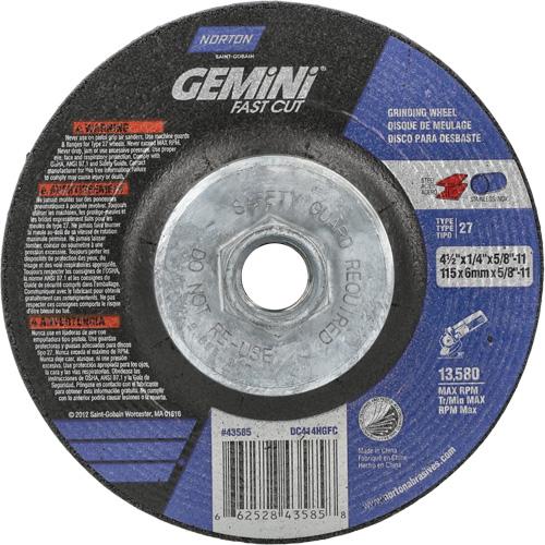 Gemini Grinding Wheel - 4-1/2", 1/4", 5/8"-11, 13580, 27, Aluminum Oxide