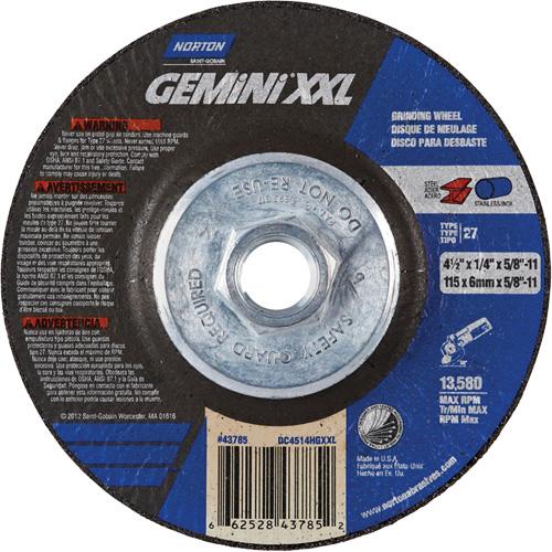 Gemini XXL Grinding Wheel - 4-1/2", 1/4", 5/8"-11, 13580, 27, Aluminum Oxide