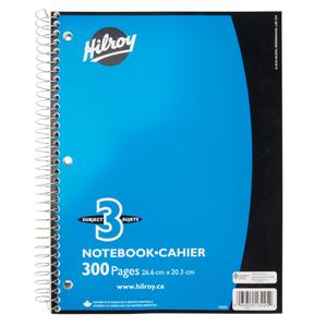 3 Subject Spiral Notebook - 10-1/2", 8", Assorted Colours, 300