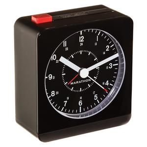 Desk Alarm Clock - Battery Operated, Surface, Analog, Plastic, Black, 2 x AA, 1.5"