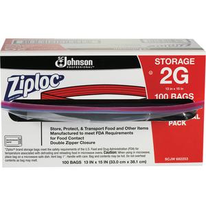 Ziploc® Double Zip Food Storage Bags - Zipper, 15", 13", 100, 2 Gallon, 1.75-mil