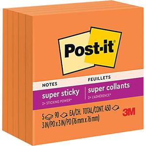 Post-it® Super Sticky Notes - Non Recycled, Orange, 3", 3", Neon Orange, 90