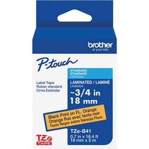 TZe-B41 Laminated Tape for TZe-Compatible P-Touch Label Makers - Black on Fluorescent Orange, 0.7", 5 m