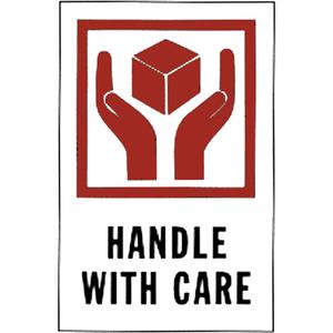 "Handle with Care" Special Handling Labels - Red on White, 4", 6", Non Removable, Roll, Rectangular, Roll, Handle with Care, 500