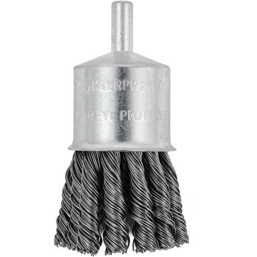 Shaft Mounted Knot Twisted End Brush - 1-1/8", 0.02", Steel, 1/4", Knot Twisted, 20000 RPM, Die Grinder, Drill, Knotted End