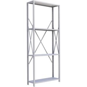 Interlok Shelving Unit - Starter, 4, 800 lbs., Steel, 36", 12", 18", 24", 88", Boltless, Open, No, Light Grey