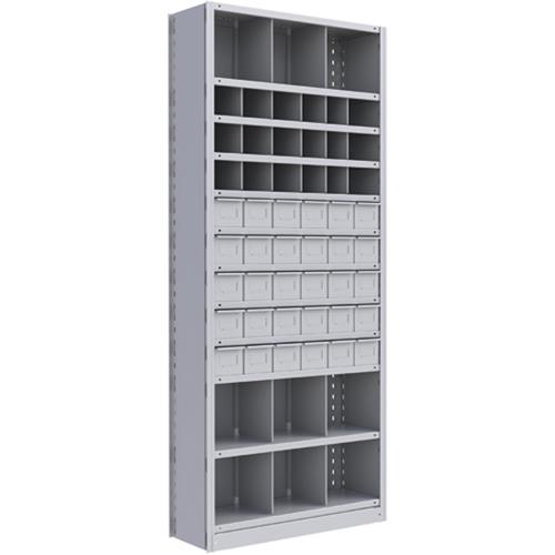 Interlok Shelving Unit - Starter, 12, 800 lbs., Steel, 36", 12", 18", 88", Boltless, Closed, No, Light Grey, 30, 27